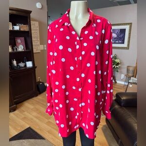Susan Graver long sleeve red & white button up blouse-size L
